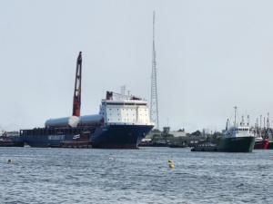 Offshore Wind Guice Offshore Supply Vessel GO Liberty With Vineyard Wind's Heavy Lift Vessel Orion in New Bedford, Massachusetts