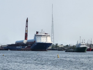 Offshore Wind Guice Offshore Supply Vessel GO Liberty With Vineyard Wind's Heavy Lift Vessel Orion in New Bedford, Massachusetts 