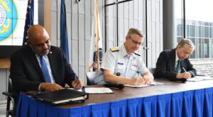 To strengthen interagency cooperation in the advancement of safe and environmentally sustainable non-mineral (renewable) energy development, including offshore wind, on the Outer Continental Shelf (OCS), the U.S. Coast Guard (USCG) signed a Memorandum of Understanding (MOU) today with two Department of the Interior bureaus: the Bureau of Safety and Environmental Enforcement (BSEE) and the Bureau of Ocean Energy Management (BOEM). U.S. Coast Guard Deputy Commandant for Operations Vice Admiral Peter Gautier, BSEE Director Kevin Sligh and BOEM Deputy Director Dr. Walter Cruickshank signed the MOU during a ceremony at the USCG Headquarters in Washington, D.C. 