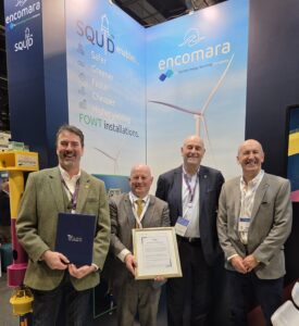 SQUID is a novel approach that adapts proven disconnectable mooring technology to support floating offshore wind developments. The ABS AIP presentation to SQUID was held during the Floating Offshore Wind 2025 Conference in Aberdeen (L to R) Malcolm Bowie, Encomara Technical Director; Keith Will, ABS Manager of Business Development, Global Offshore; Ian Donald, Encomara Managing Director; and Doug Duguid, CEO Aurora Energy Services