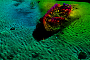 A three-dimensional view of the USS Monitor resting on the seabed. (Photo Credit: Northrop Grumman)