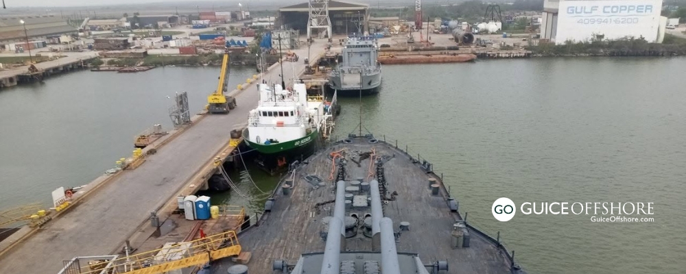 Guice Offshore’s Mini Supply Vessel GO Seeker Docks Next To Battleship Texas Guice Offshore’s Mini Supply Vessel GO Seeker Docks Next To Battleship Texas